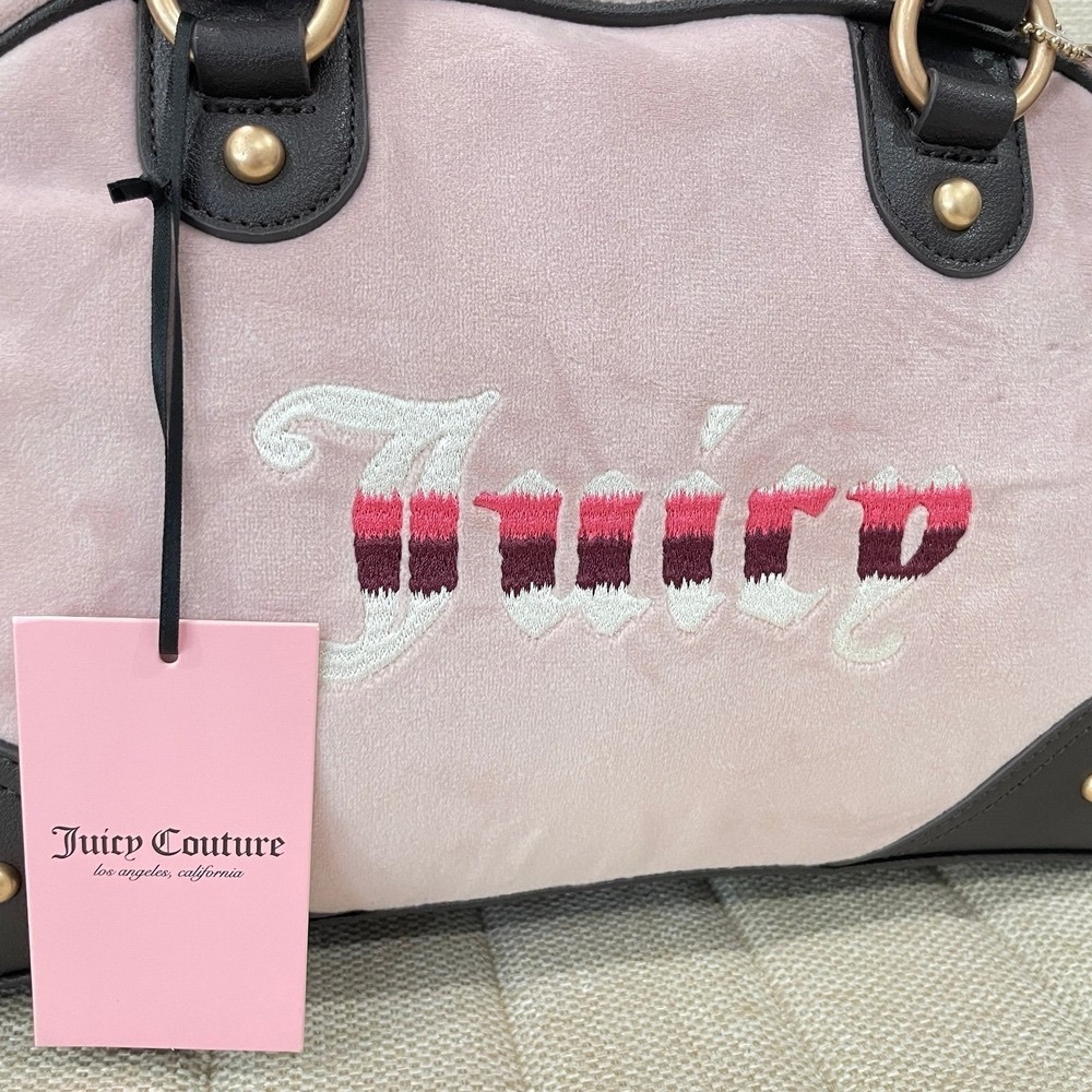 NEW Juicy Couture Pink Velour Satchel Bowler Bag Brown Trim Crossbody Heart - Picture 2 of 8